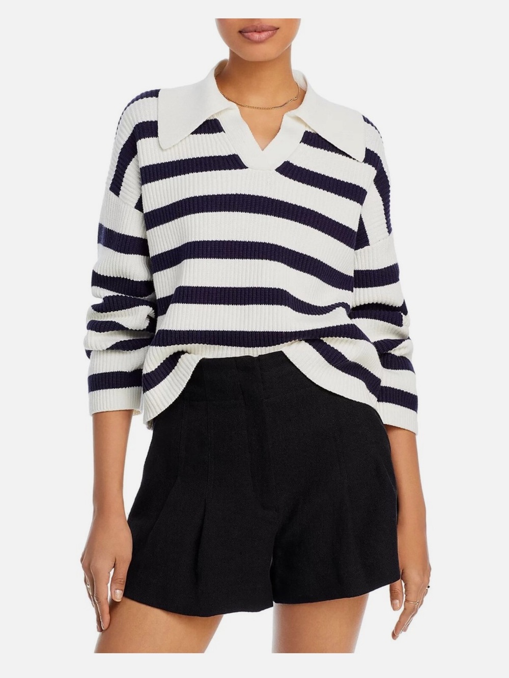 Aqua White & Navy Striped V-Neck Polo Sweater